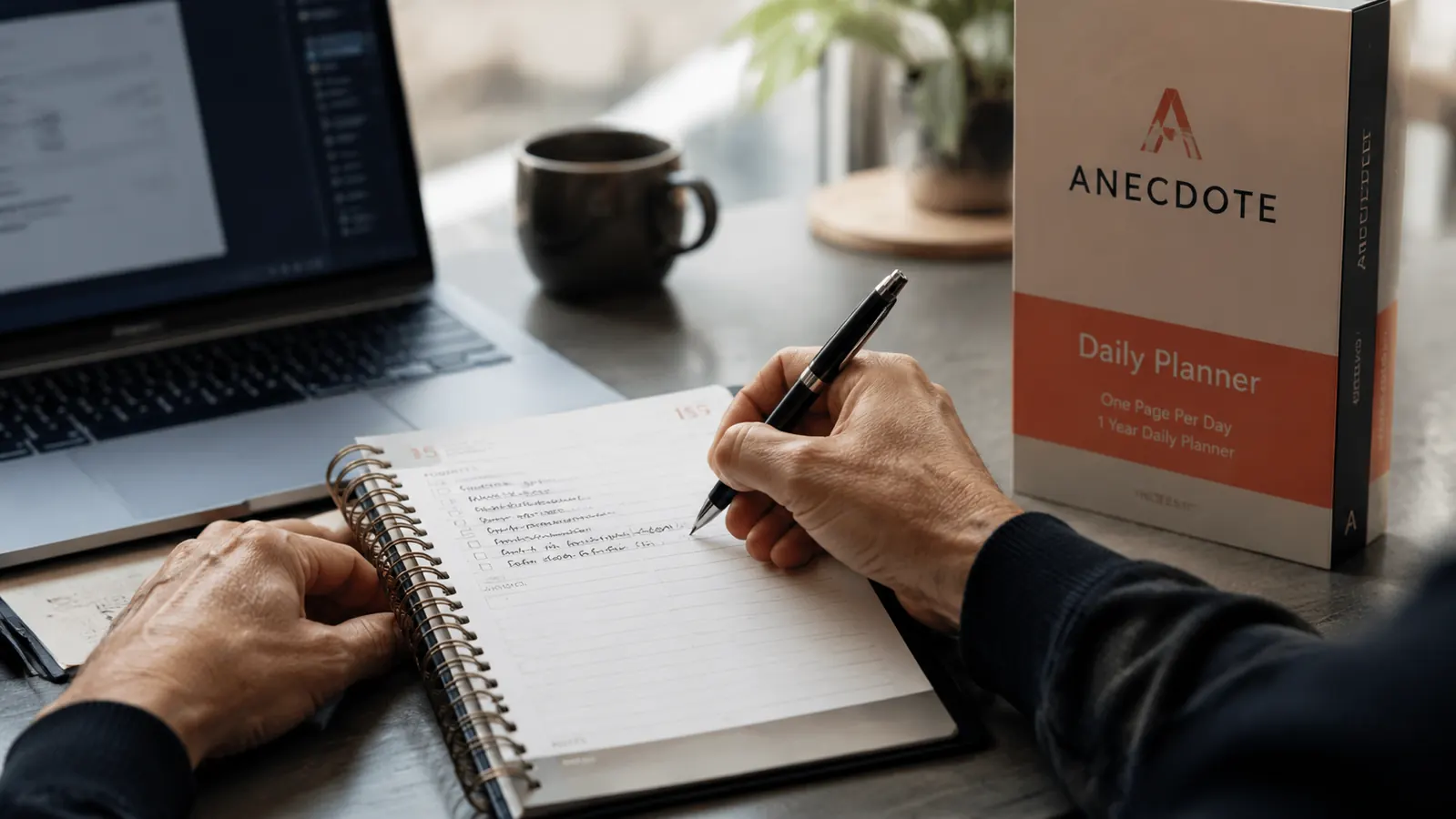 Hand writing priorities in the Anecdote Daily Planner on a desk with a laptop in the background