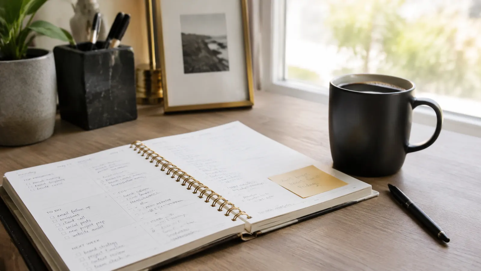 Open daily planner on a wooden desk next to a black coffee mug and pen, morning light