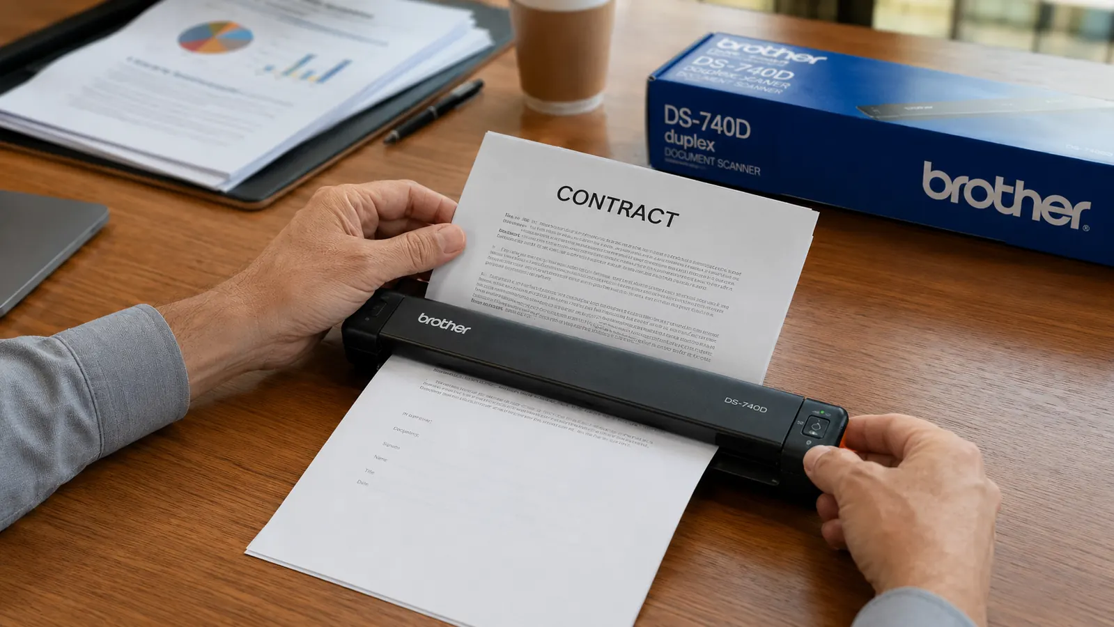Close-up of the Brother DS-740D scanner feeding a double-sided document in one pass