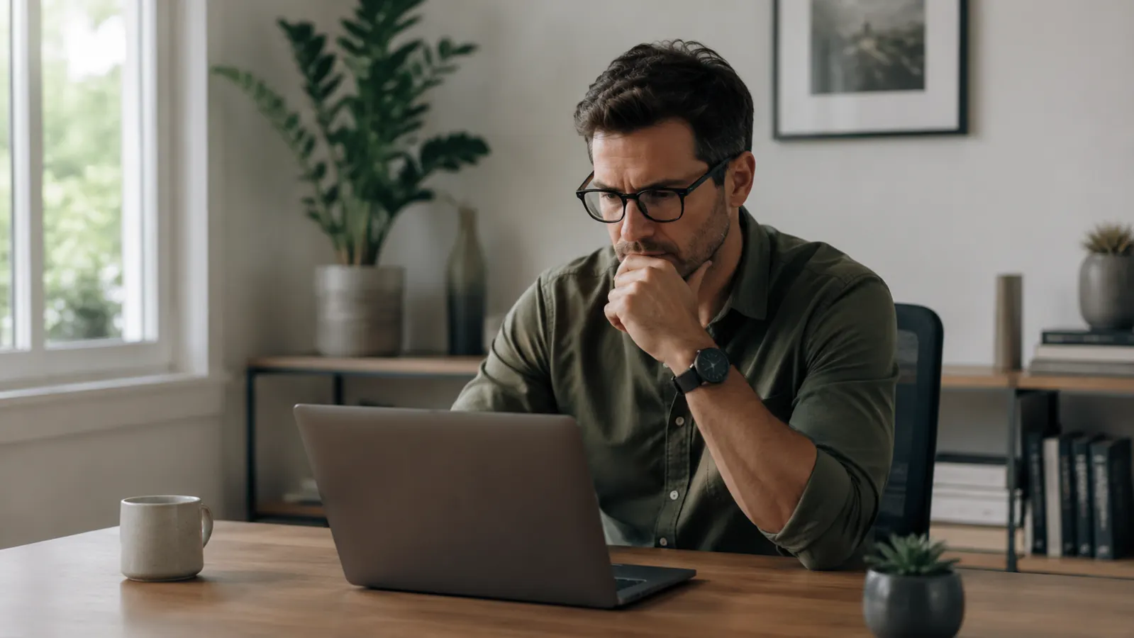 Entrepreneur reviewing digitized receipts on a laptop, paper-free desk in background