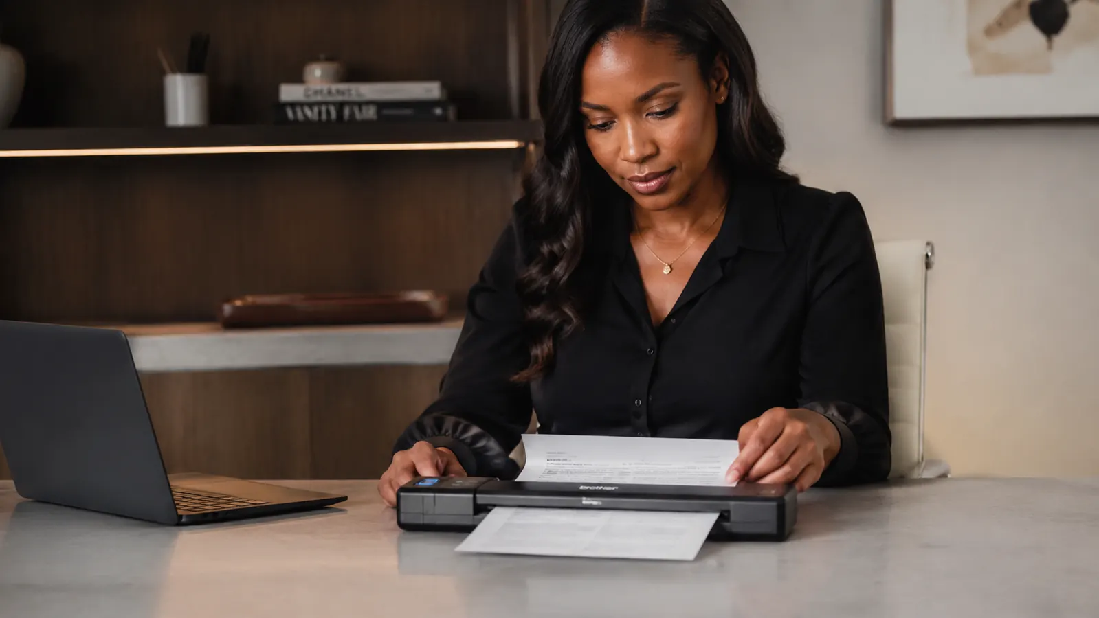 Small business owner scanning a contract at a tidy desk with a compact duplex document scanner