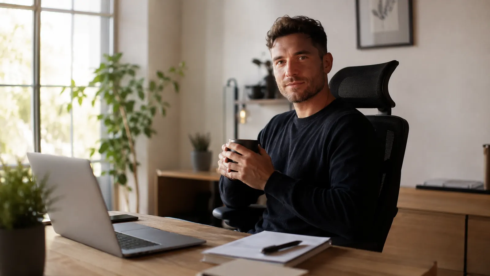 Professional sitting in an ergonomic office chair at a clean home-office desk, good posture, morning light through window