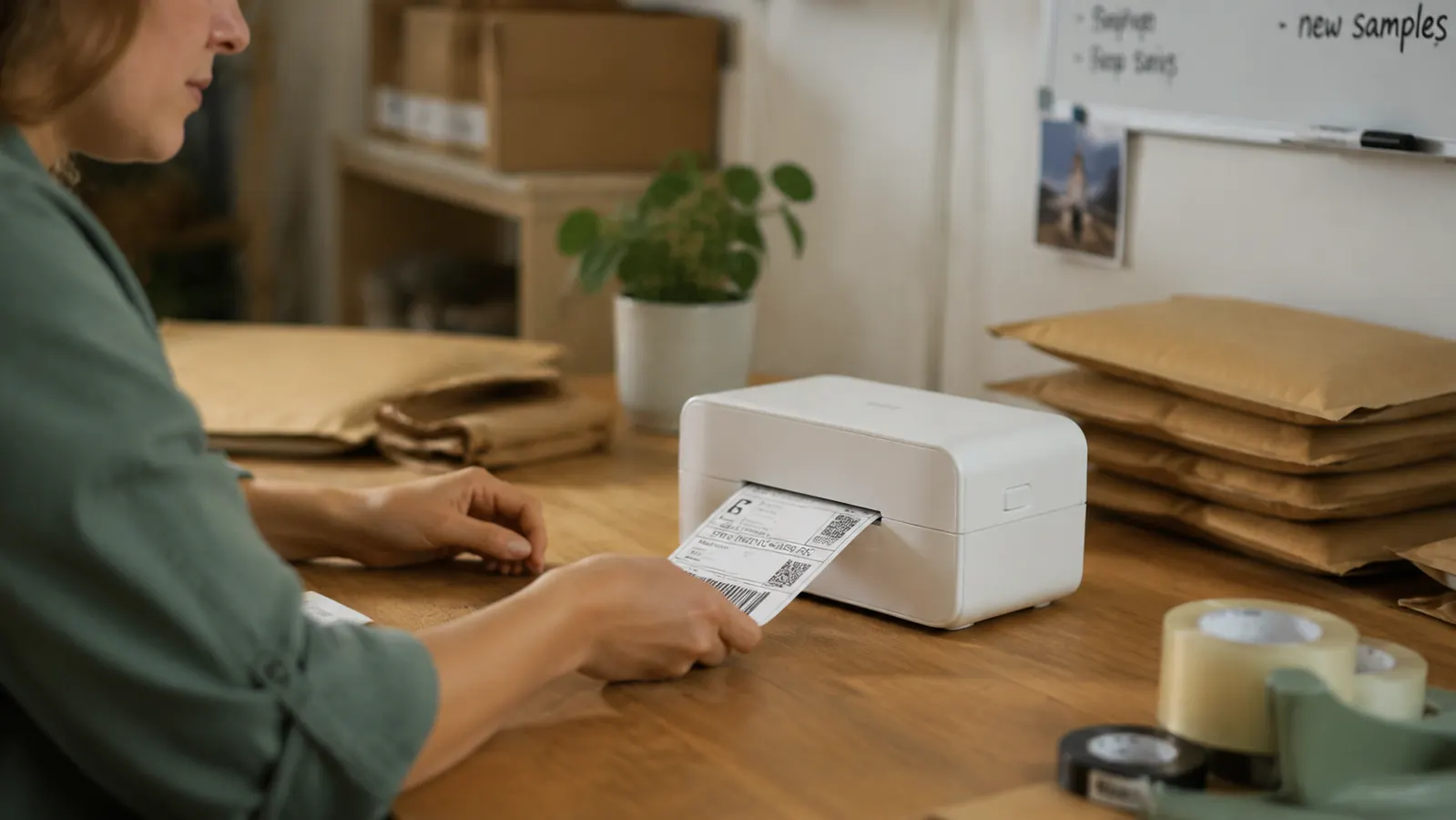 Rollo USB thermal label printer on a clean desk with a stack of 4x6 shipping labels beside it