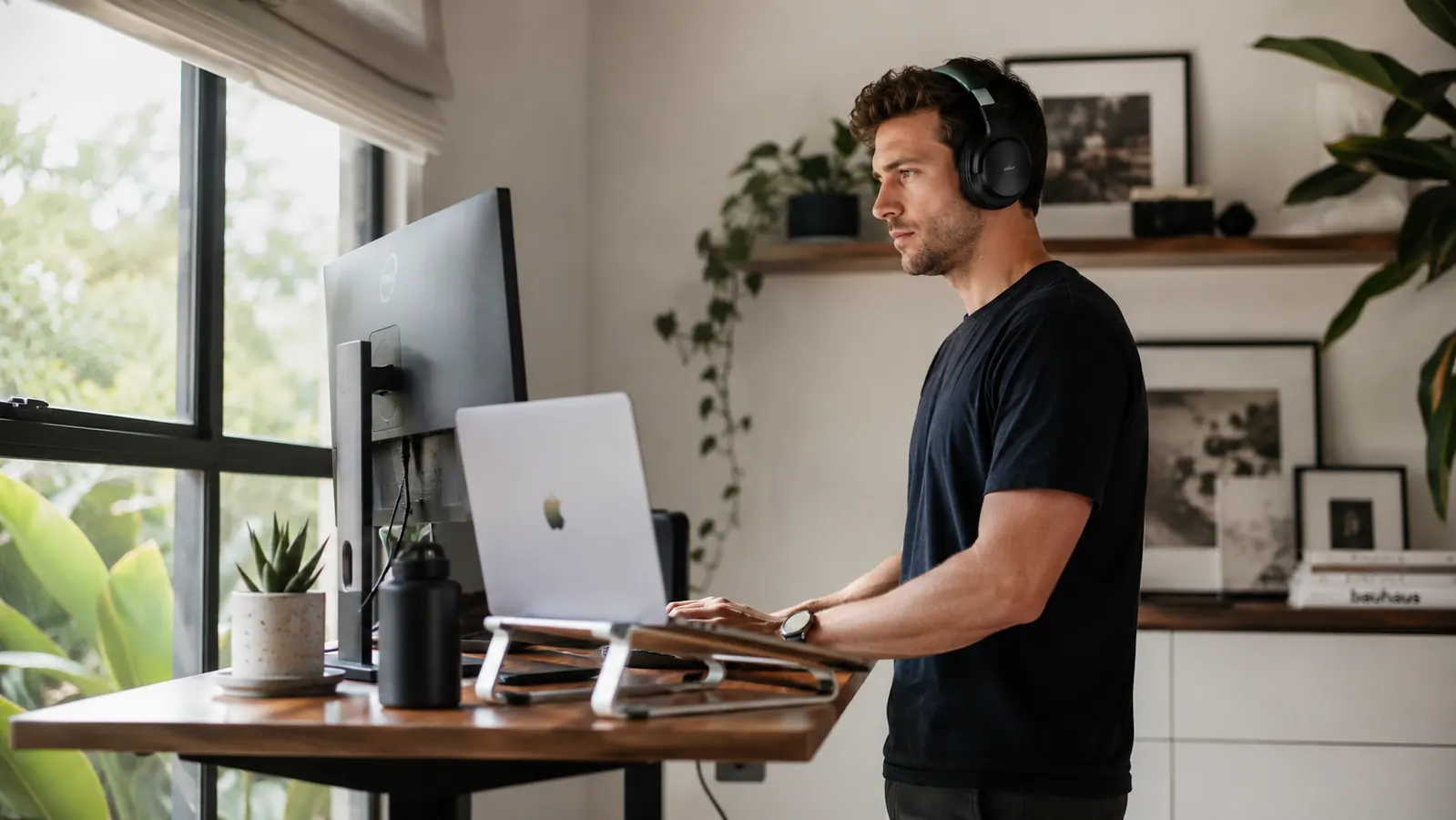 Entrepreneur working at a standing desk in a bright home office wearing Sony WH-1000XM5 headphones
