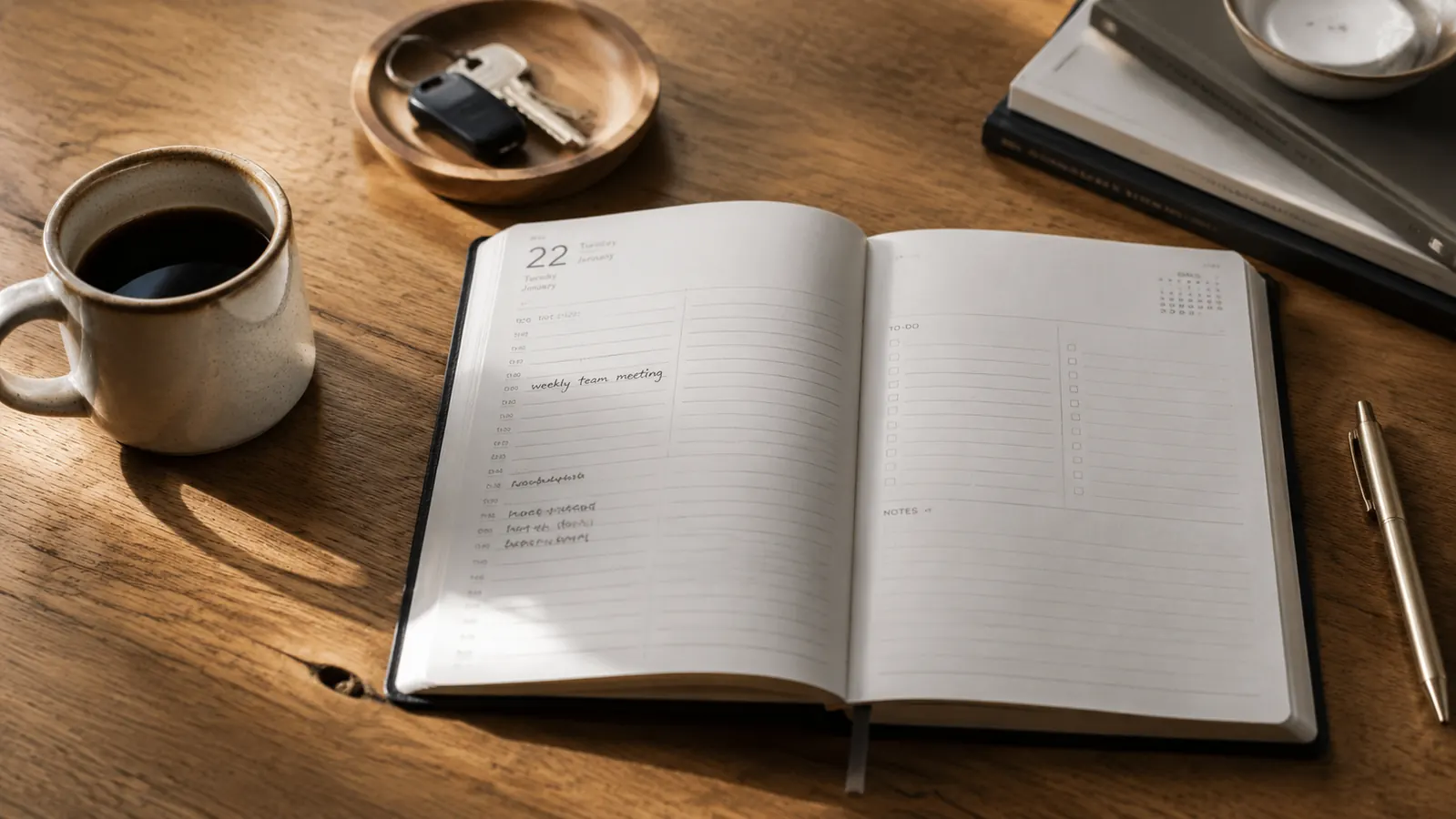 Anecdote Daily Planner open on a wooden desk beside a coffee mug, pen resting across the page, morning light through a window