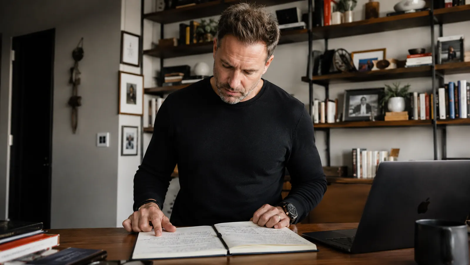 Solo founder at a standing desk reviewing notes with a planner open beside a laptop