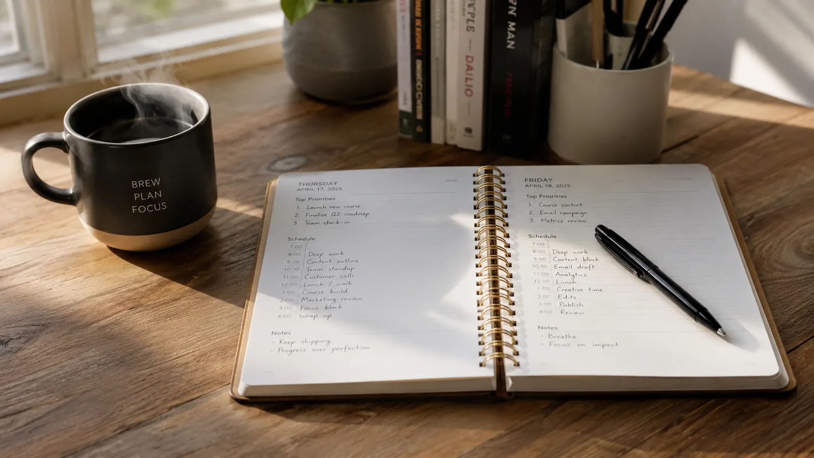 Open daily planner on a wooden desk with a cup of coffee and a pen beside it, morning light coming through a window