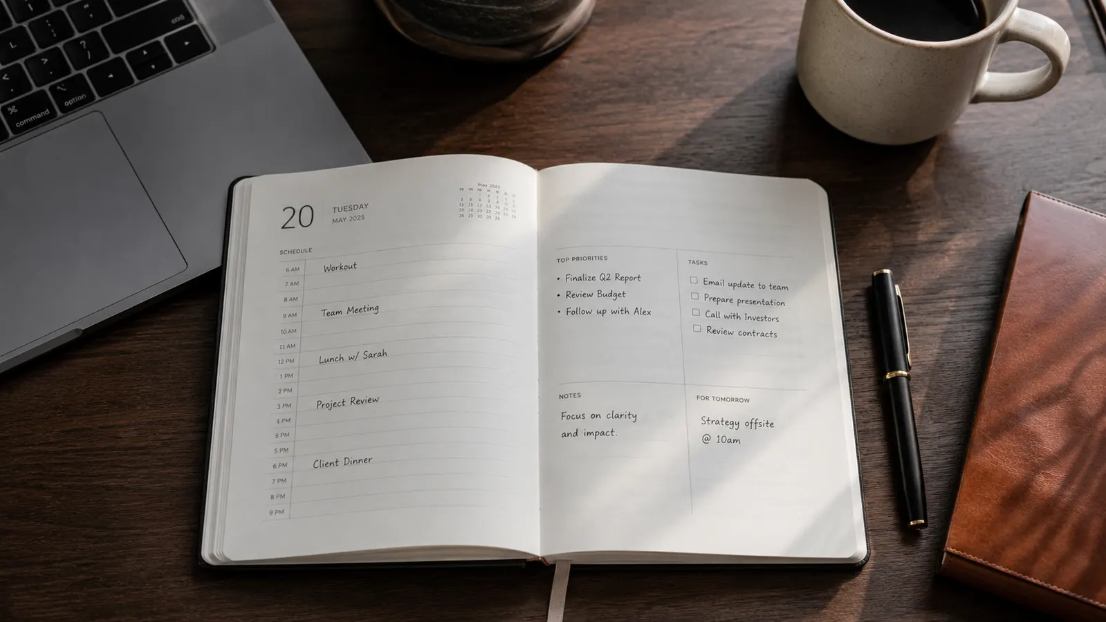 Anecdote Daily Planner open on a clean wooden desk next to a coffee mug and laptop