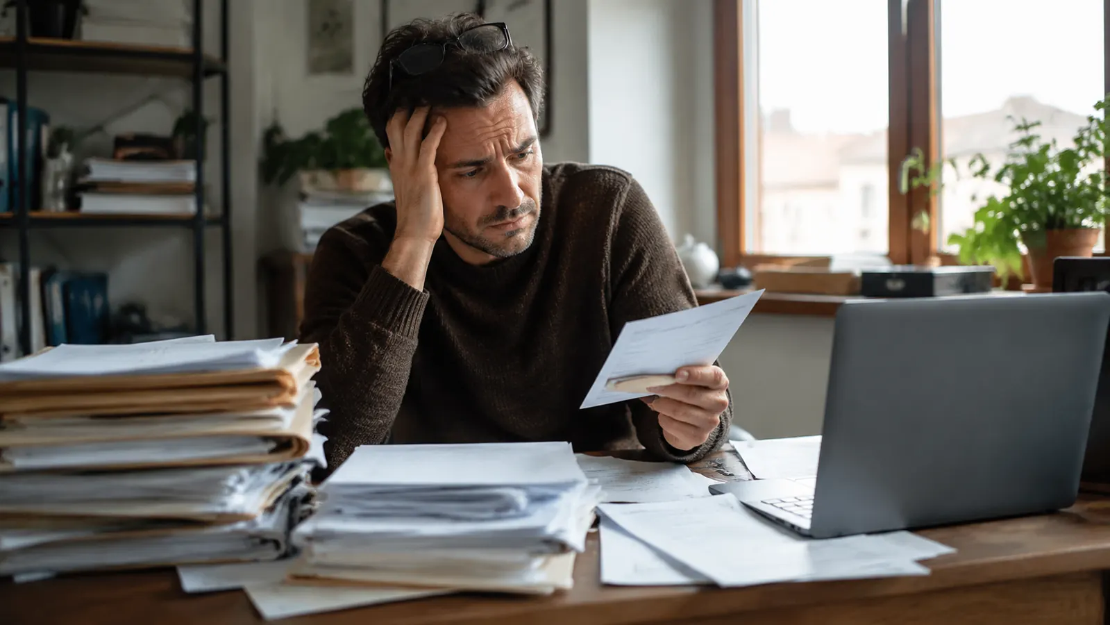 Small business owner organizing a cluttered paper inbox on a wood desk, stacks of invoices and contracts in the background