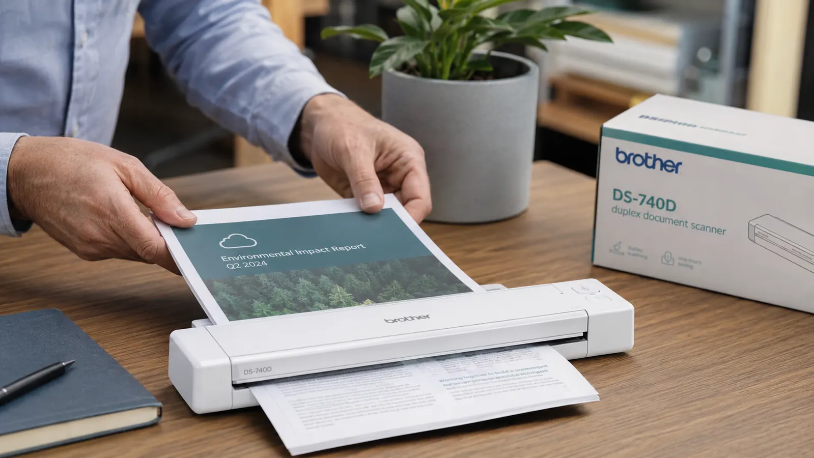 Hand feeding a multi-page contract into the Brother DS-740D scanner