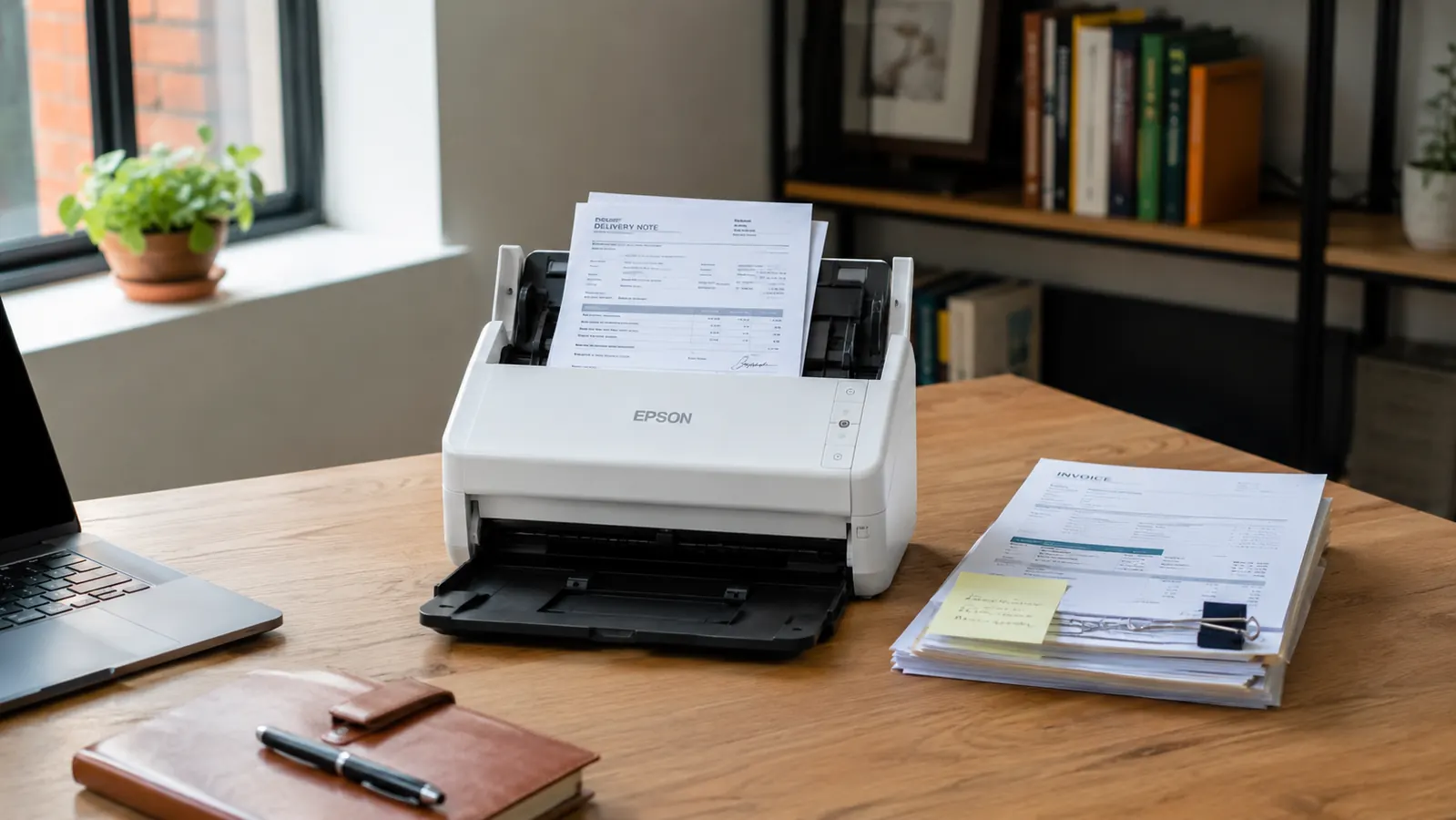 Brother DS-740D compact document scanner sitting on a clean wooden desk next to a stack of business contracts
