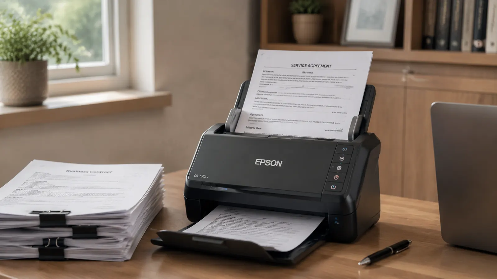 Brother DS-740D compact document scanner sitting on a clean wooden desk next to a stack of business contracts