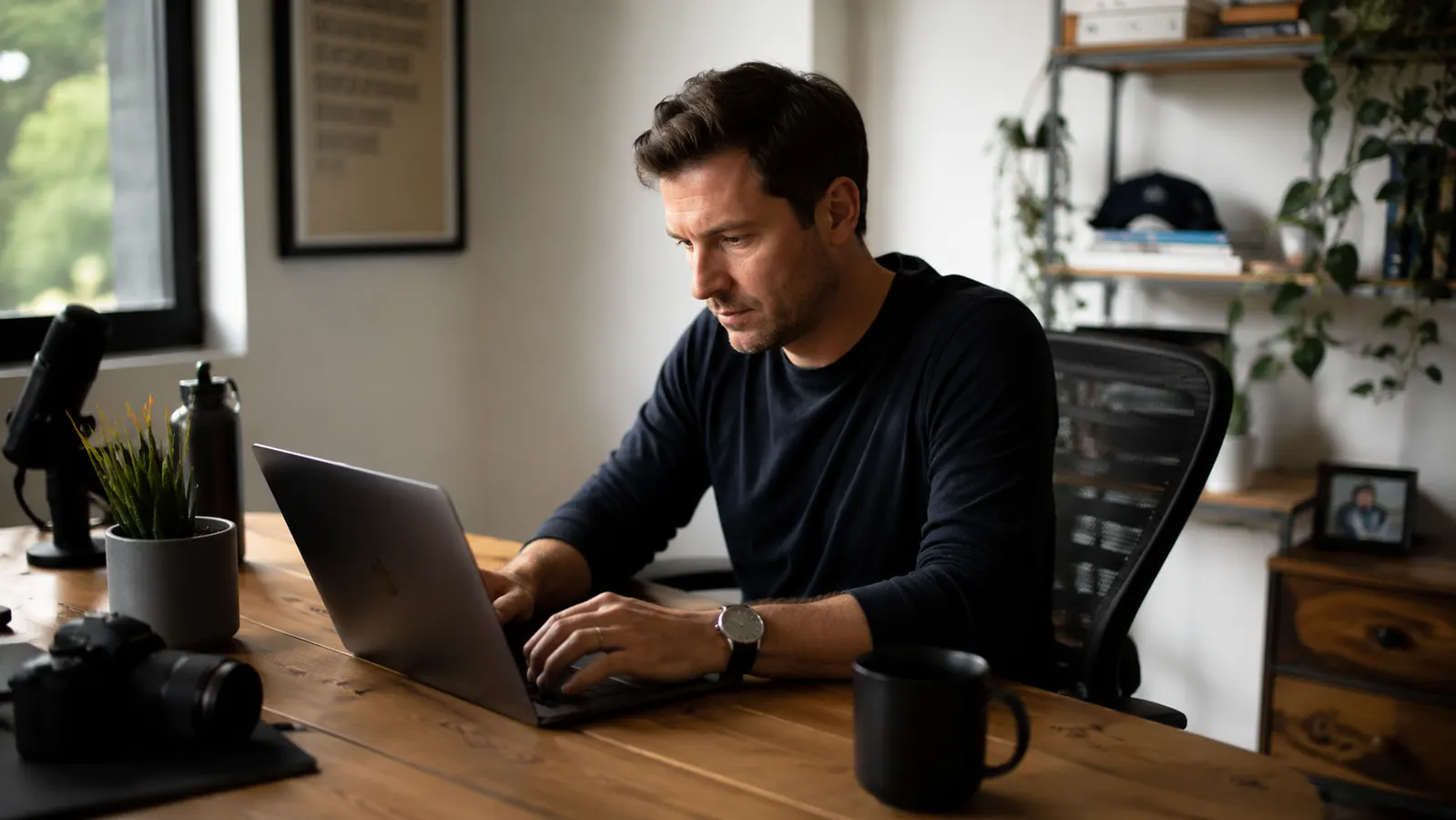 Entrepreneur sitting at a clean home office desk with an ergonomic chair, morning light through window, coffee cup beside laptop