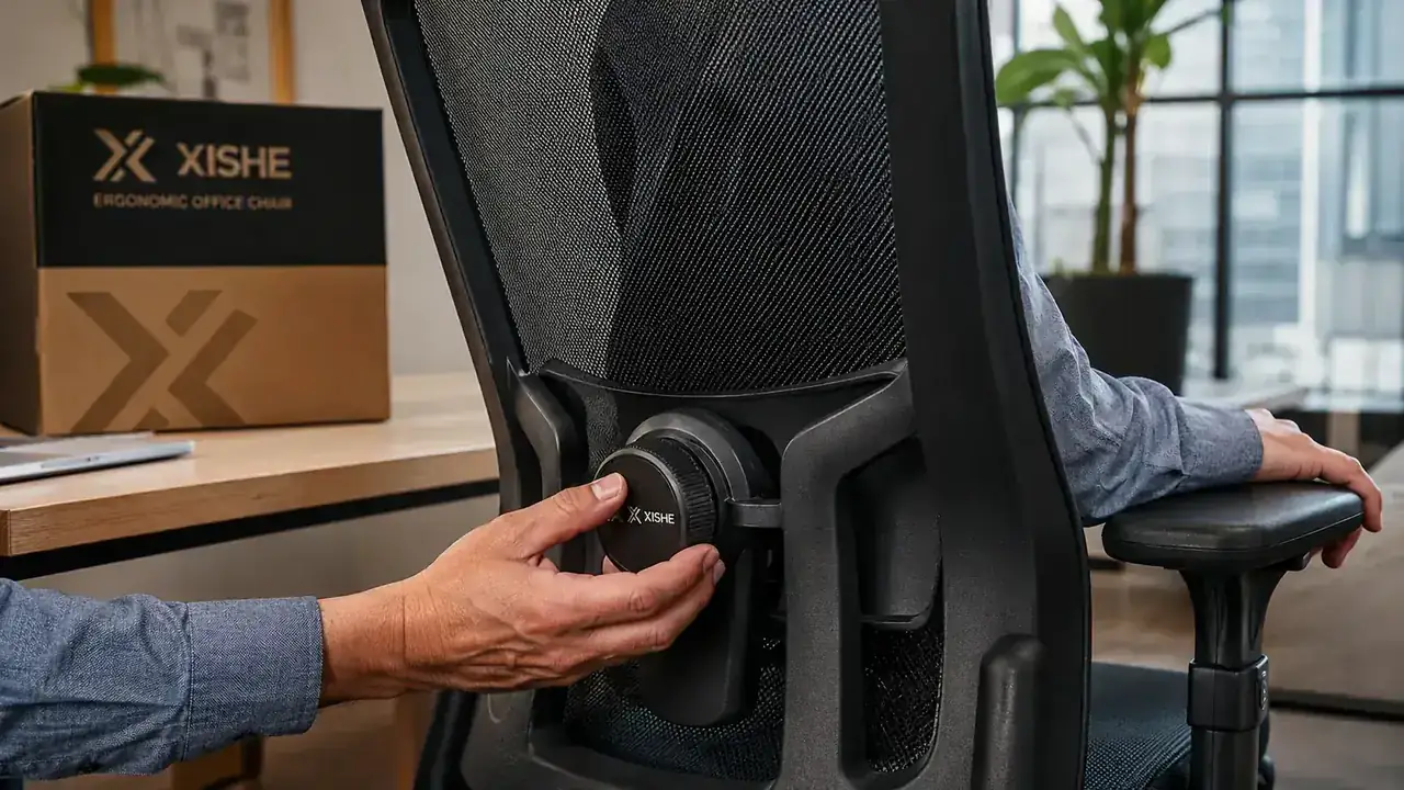 Close-up of the X XISHE ergonomic chair's lumbar support pad and mesh back panel