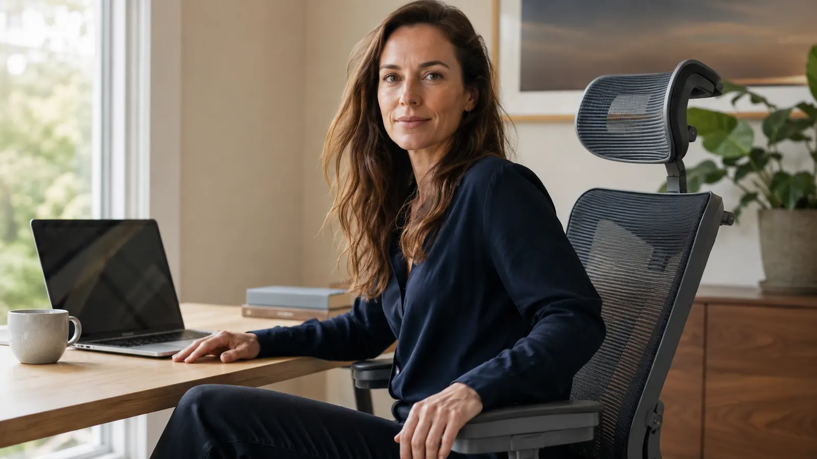 Entrepreneur sitting in an ergonomic office chair at a clean home-office desk with a laptop and notebook