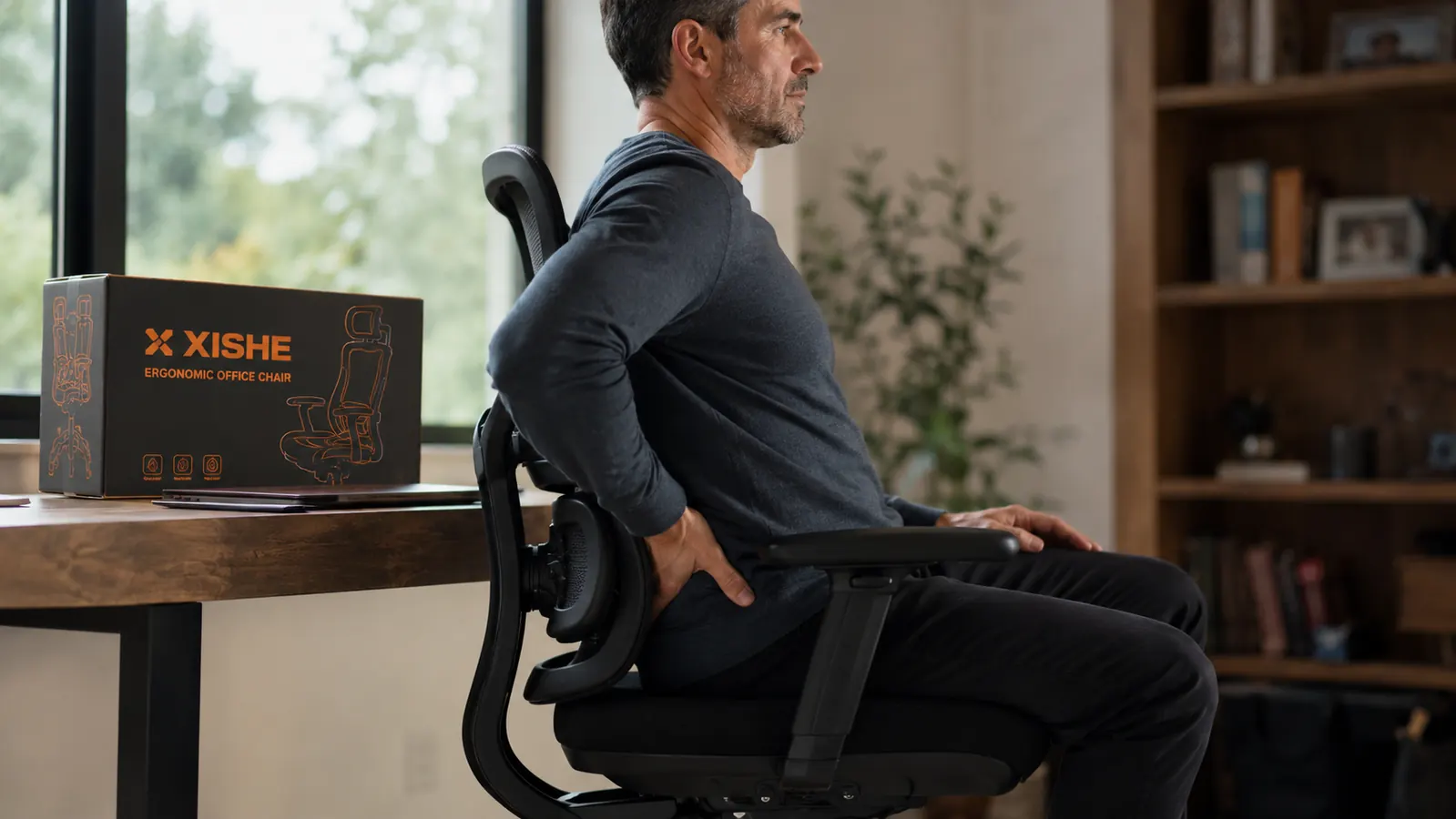 Close-up of someone sitting in the ergonomic office chair showing correct lumbar curve contact at the lower back