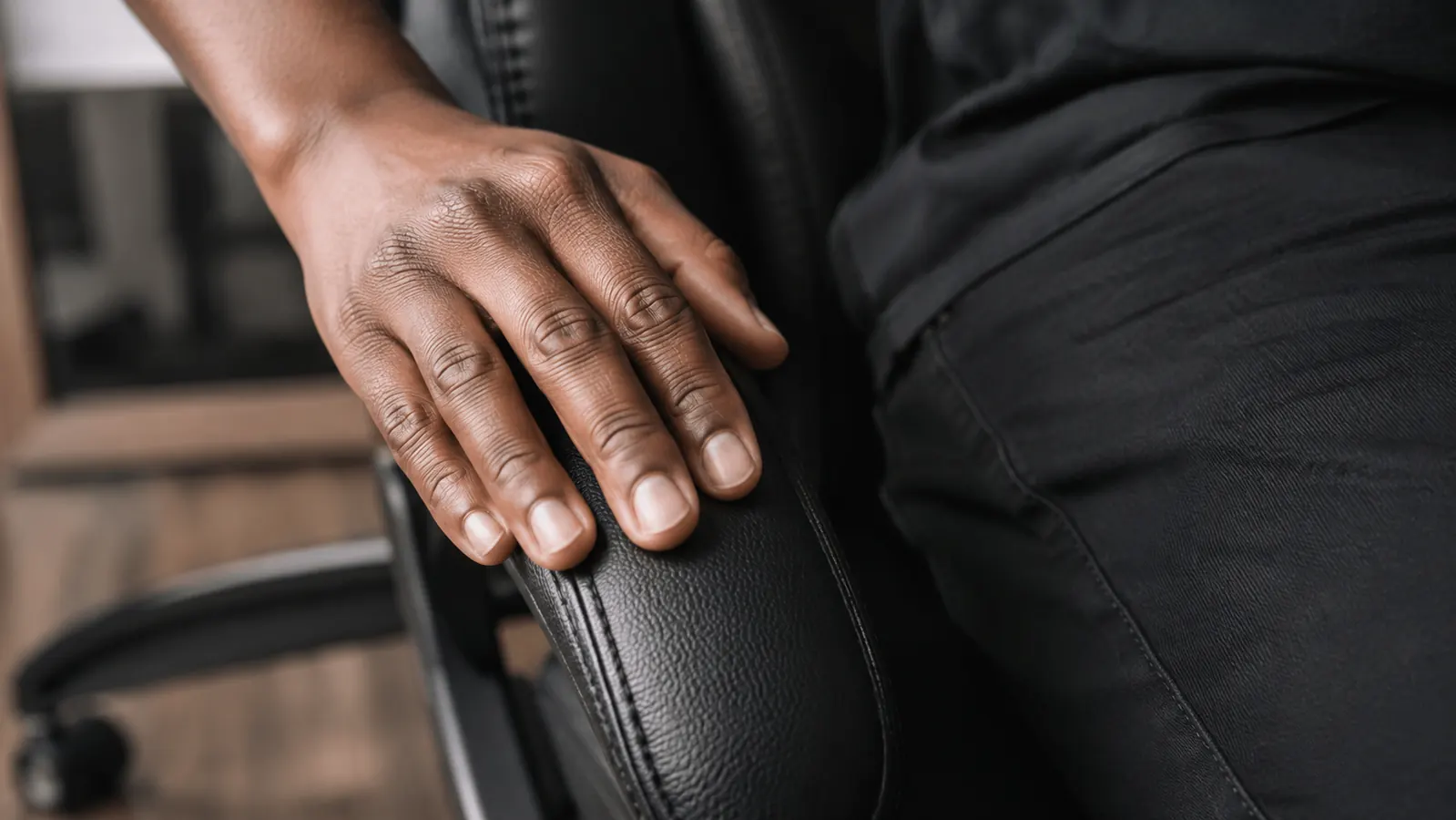 Person inspecting the PU leather surface on the armrest of an ergonomic office chair