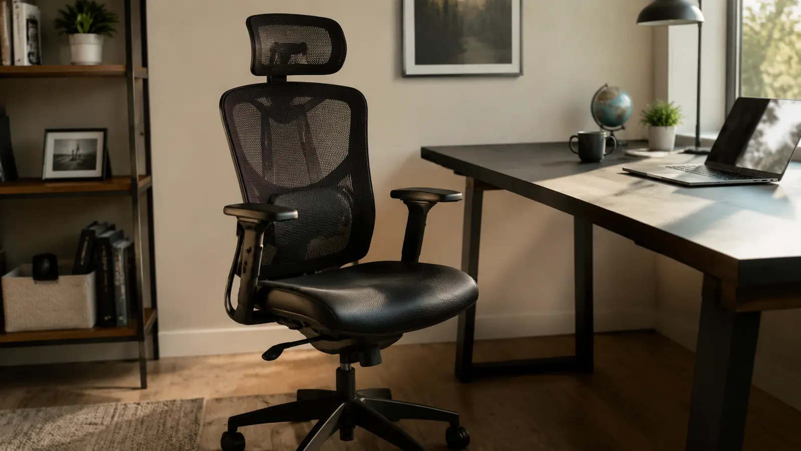 X XISHE ergonomic office chair viewed from the front angle in a clean home office, showing the mesh back and PU leather seat