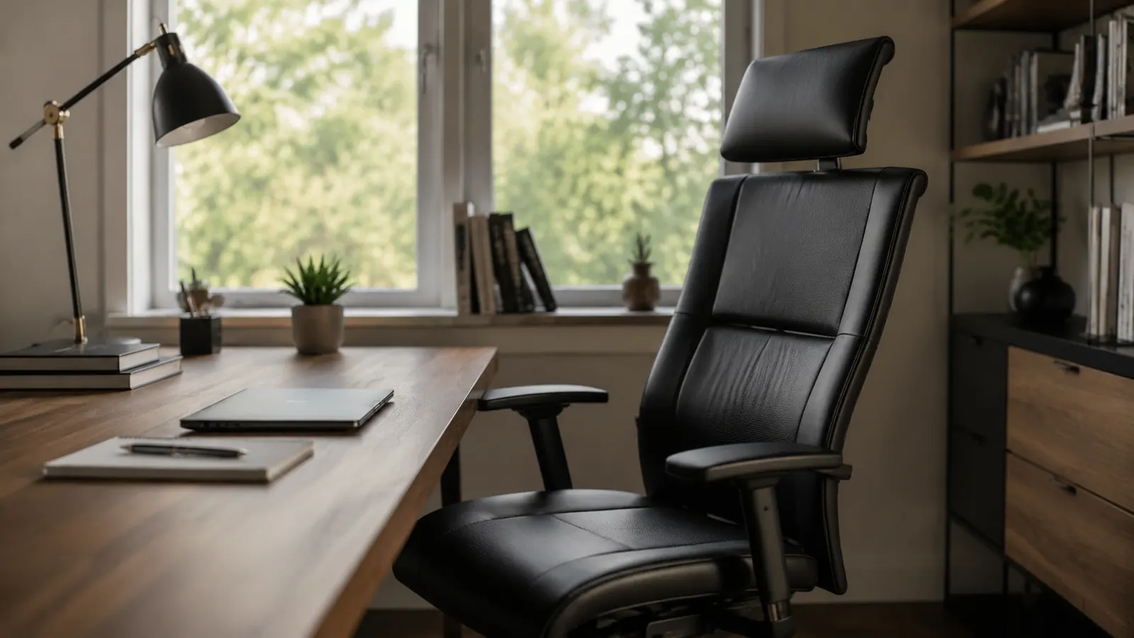 Black ergonomic office chair at a clean desk in a home office with morning light coming through the window