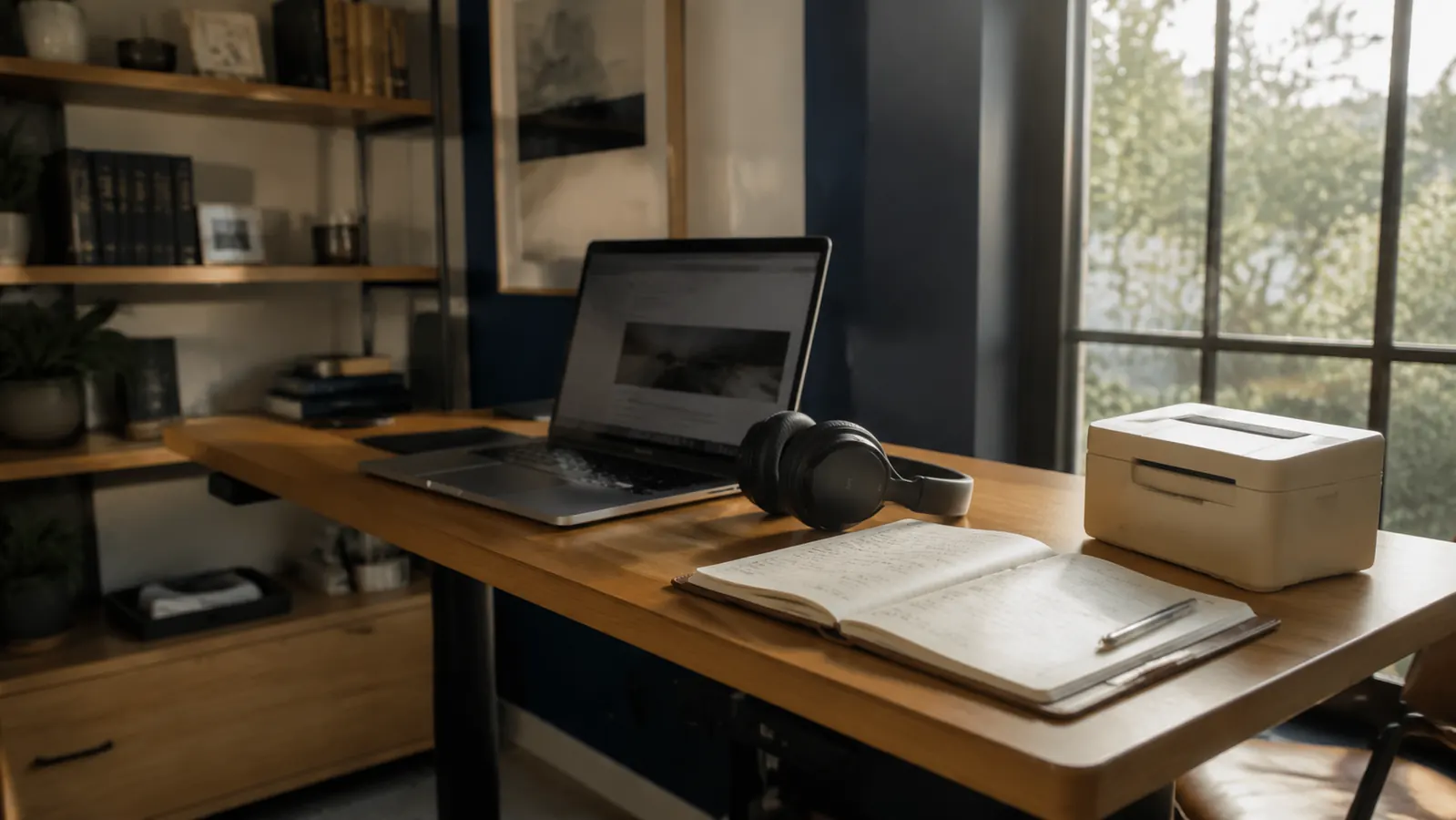 A focused business owner working at a clean, well-equipped home office desk