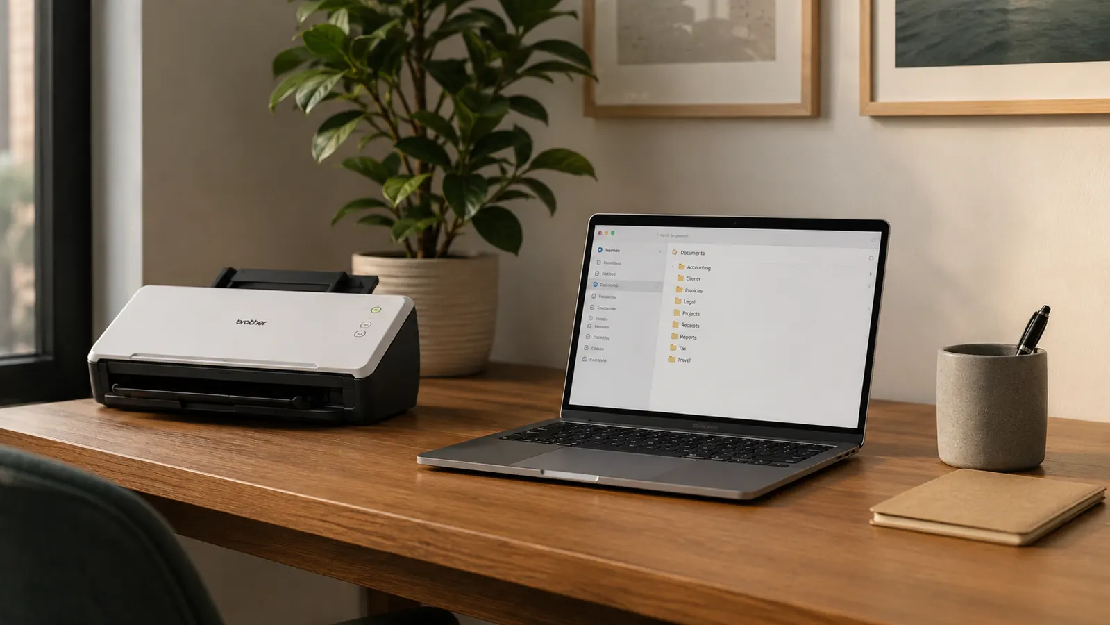 Finished paperless desk setup with scanner, laptop showing organized cloud files, and an empty paper tray