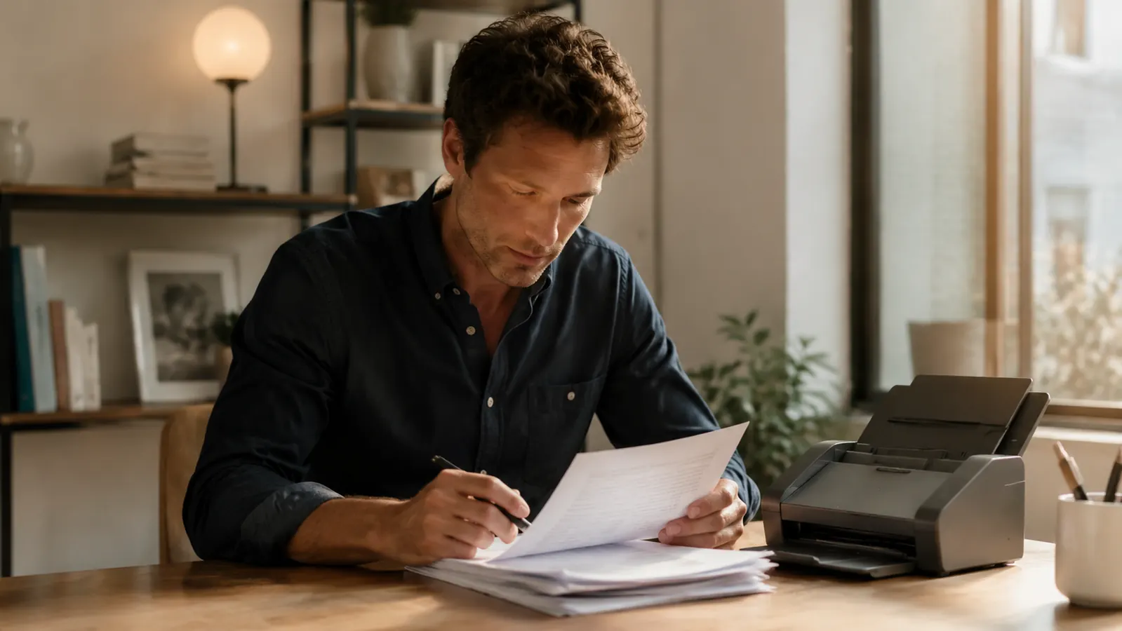 Small business owner organizing paper files on a desk next to a compact document scanner