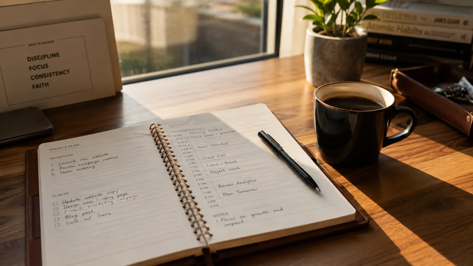 Open daily planner on a wooden desk next to a black coffee mug and a pen, morning light coming through a window