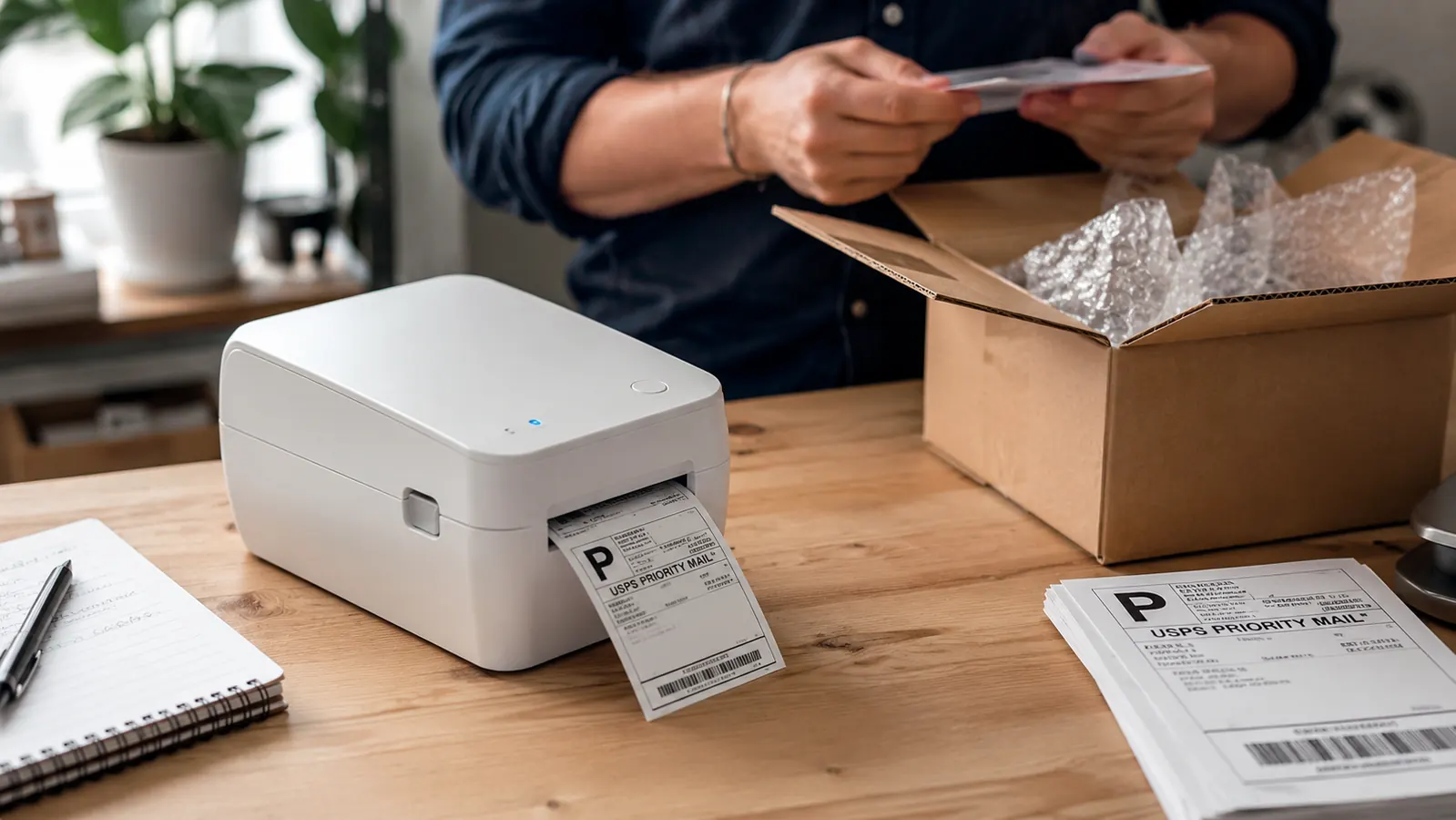 Rollo USB thermal label printer on a desk next to a stack of 4x6 shipping labels and a packaged box ready to ship