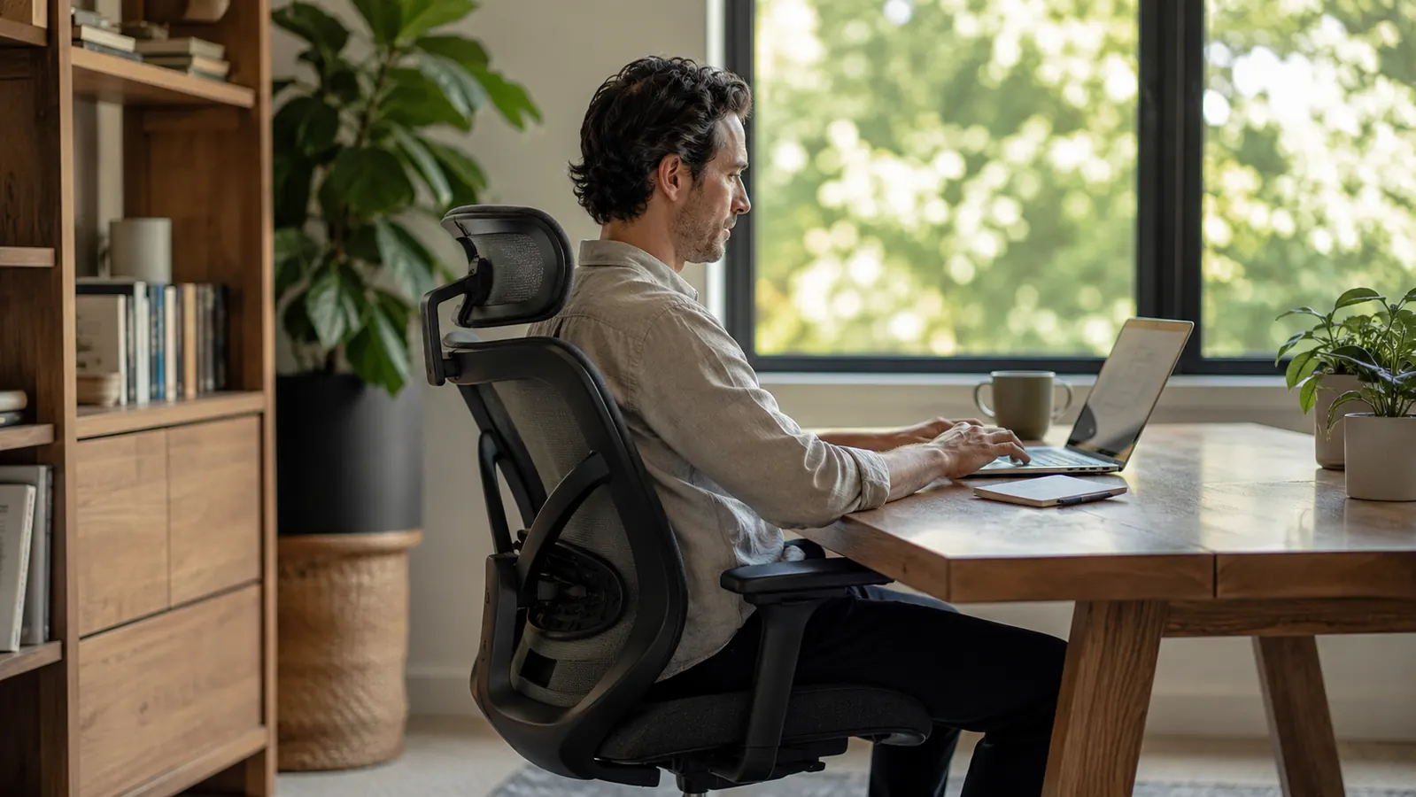 Clean home office with ergonomic chair at a standing-height desk, morning light coming through a window, laptop open, coffee on the side