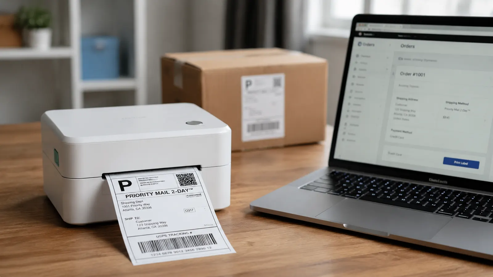 Rollo USB label printer printing a shipping label on a clean packing table with a laptop open beside it