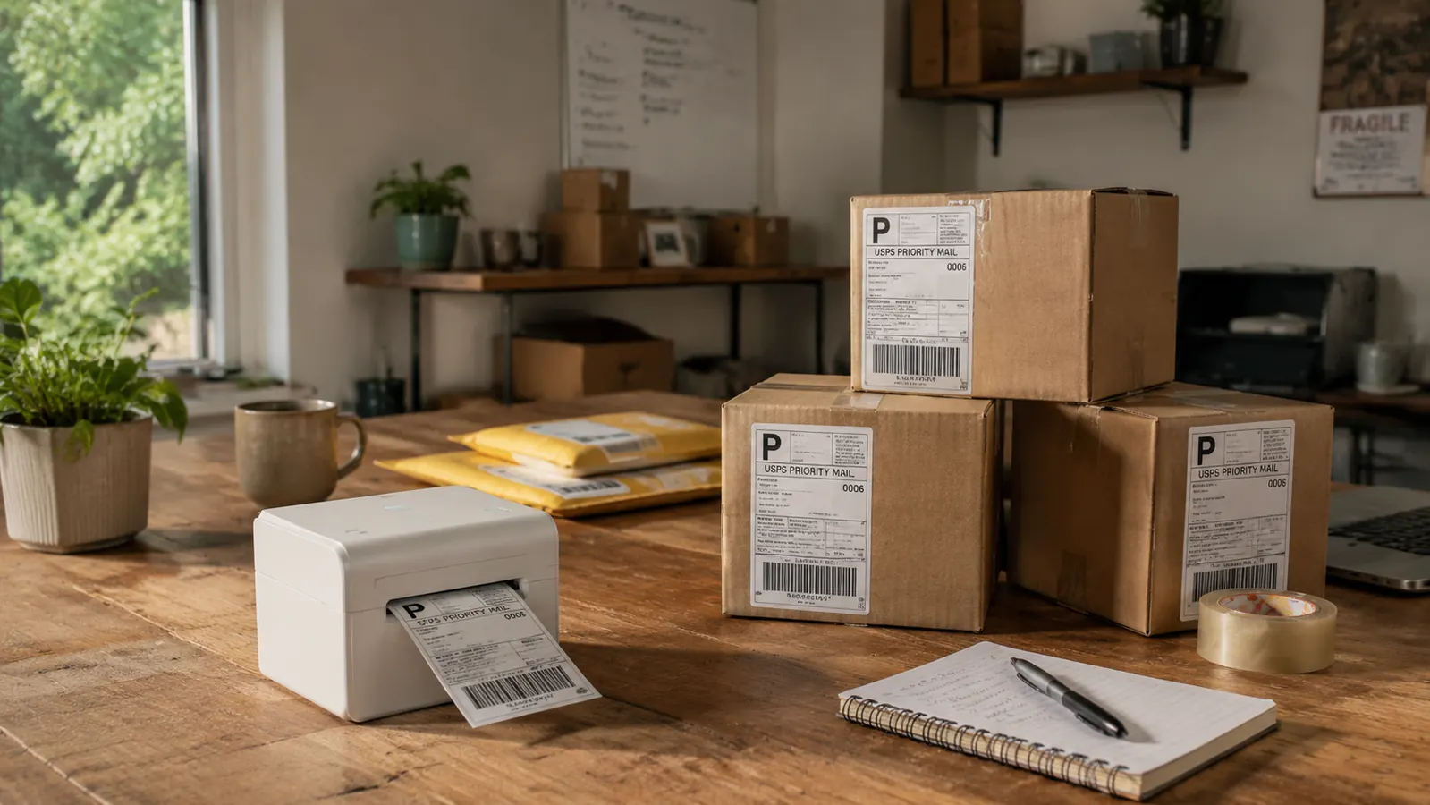 Rollo USB thermal label printer on a desk next to a stack of packaged orders ready to ship