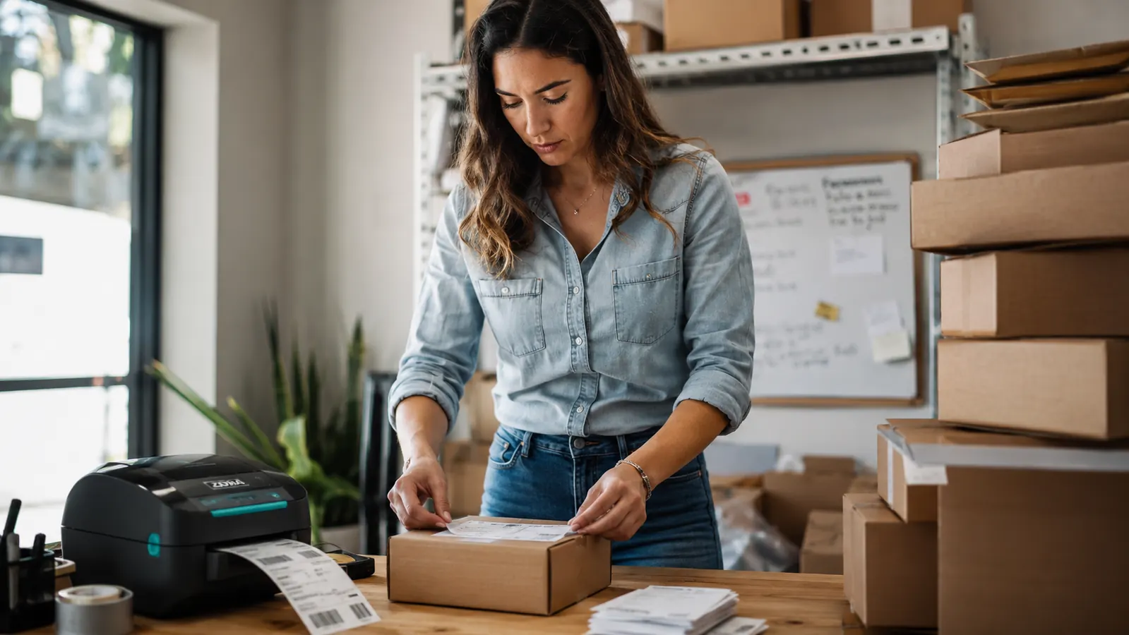 Small-business owner at a packing station with a Rollo label printer and a stack of outbound packages