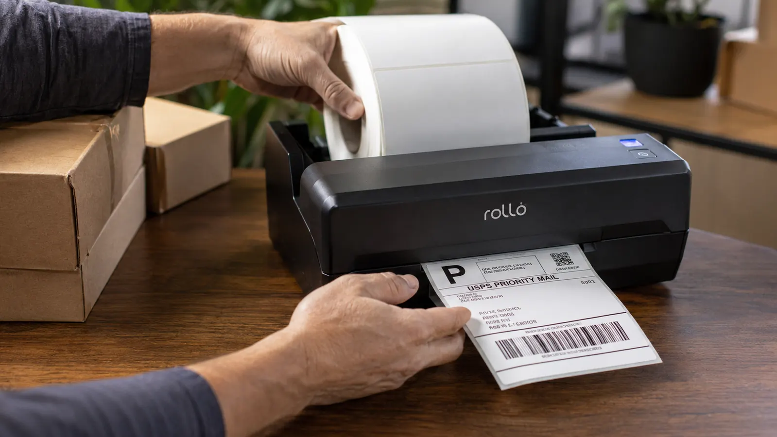 Close-up of a 4x6 shipping label feeding through the Rollo printer with a USPS barcode visible