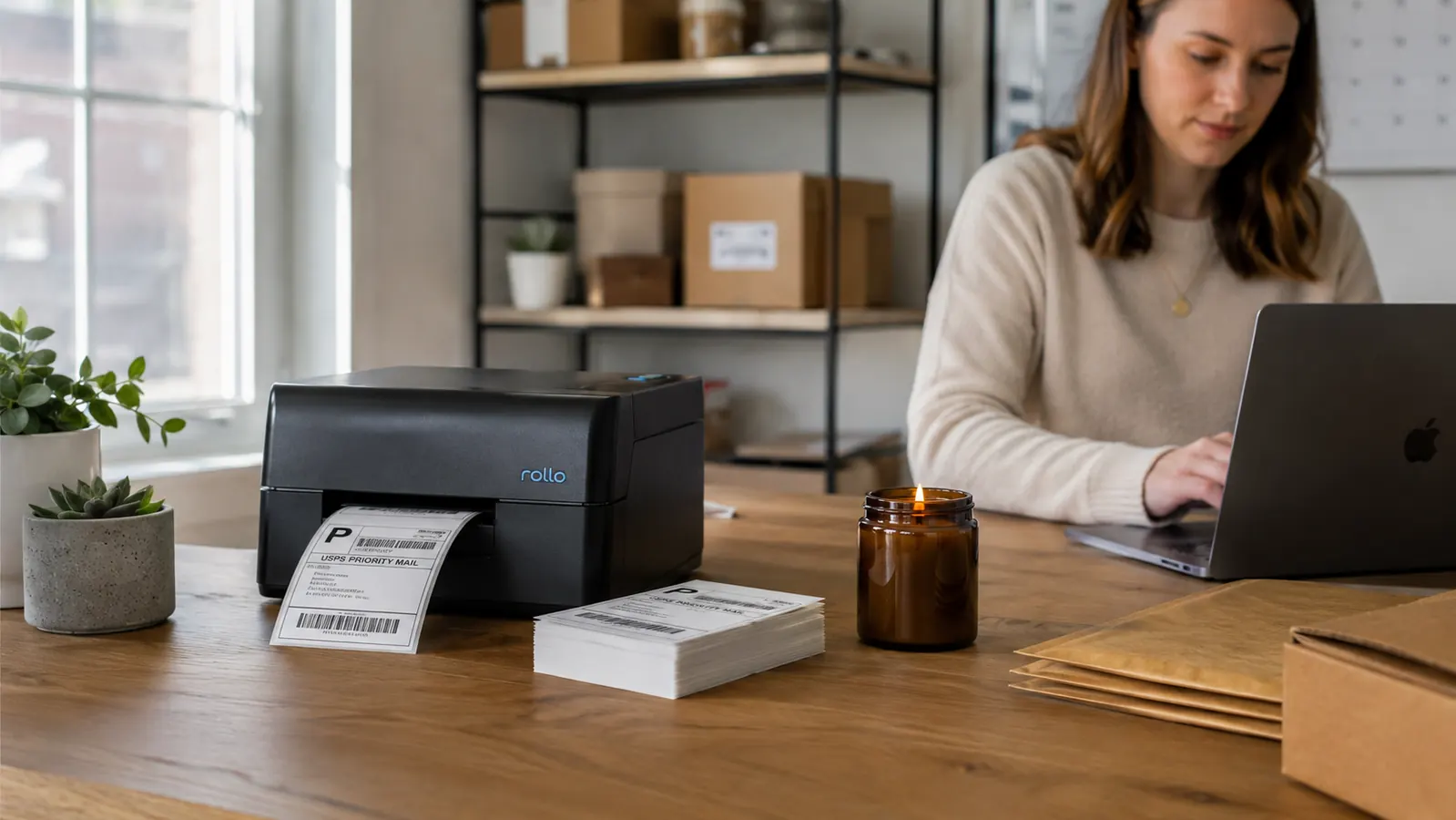 Rollo USB thermal label printer on a shipping desk next to a stack of 4x6 labels and a laptop showing an Etsy order screen