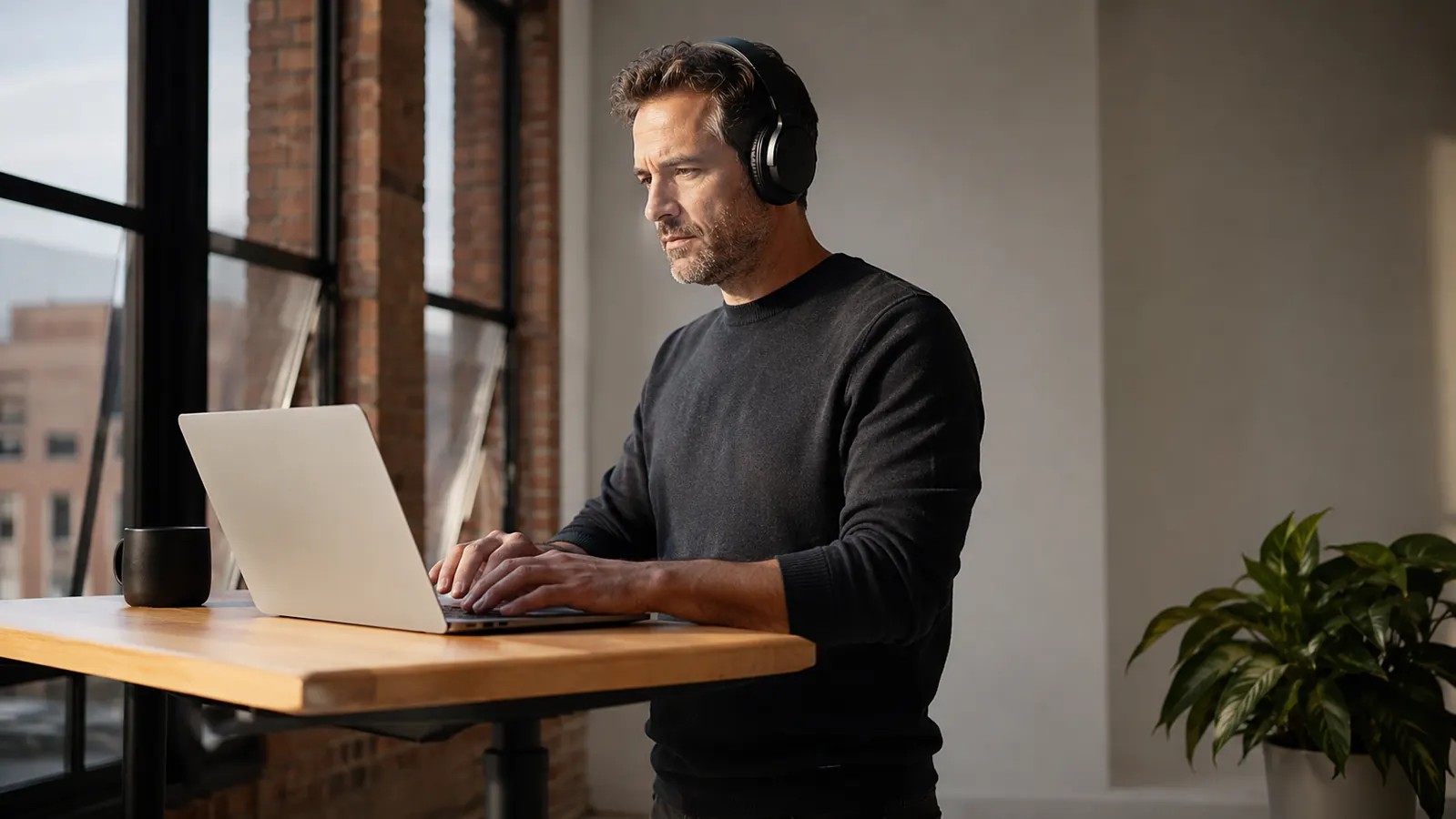 Business owner at a standing desk in a bright home office, wearing over-ear headphones, focused on a laptop screen