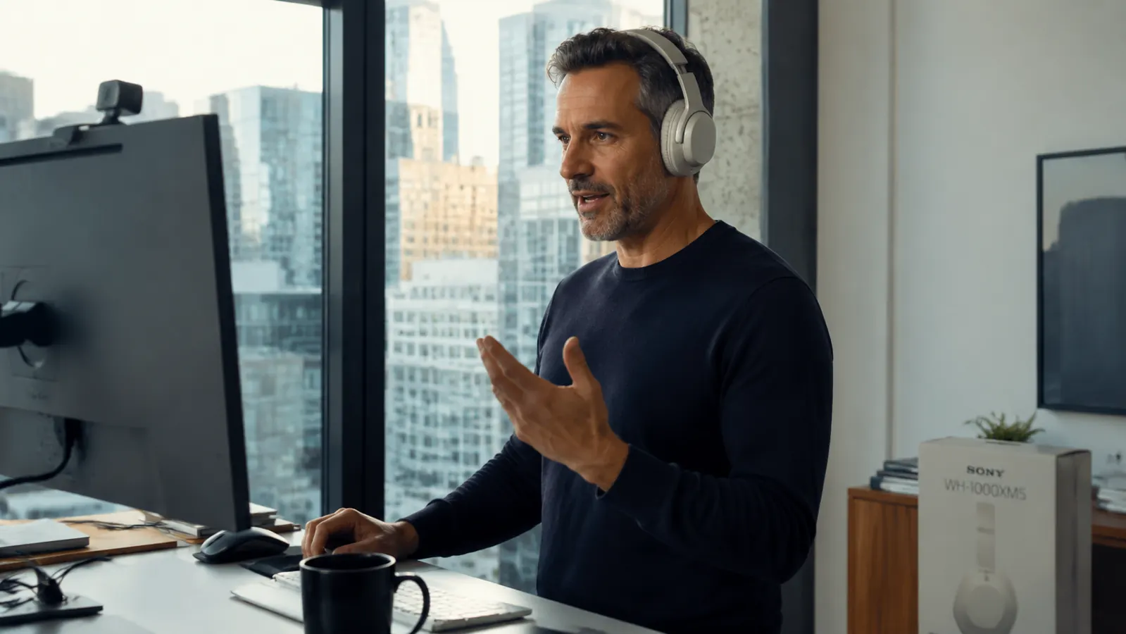 Close-up of the Sony WH-1000XM5 headphones being worn by a man on a video call at a standing desk